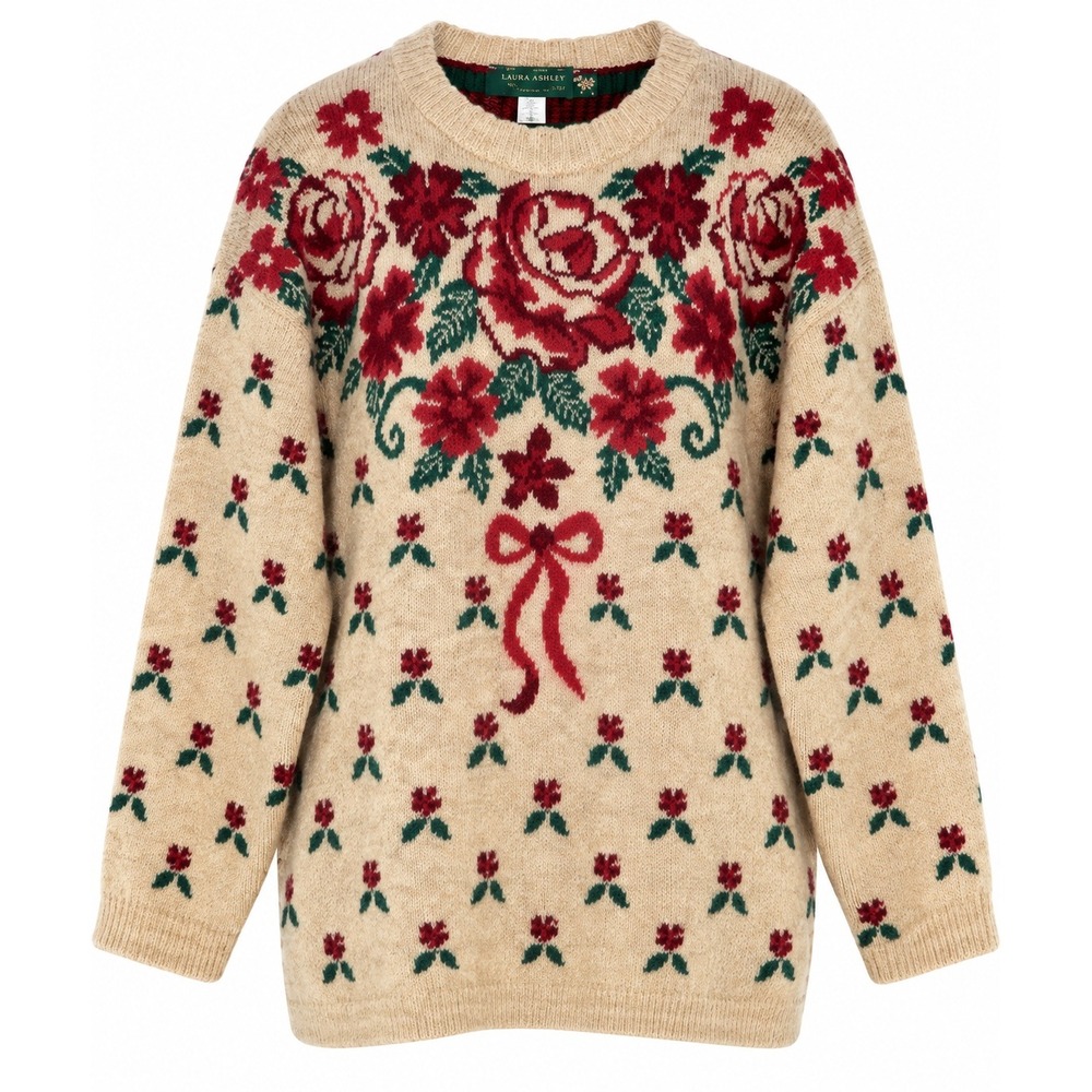 Vintage 80s 90s Dana Scott Floral Rose Bow Sweater Beige Burgundy Oversized L